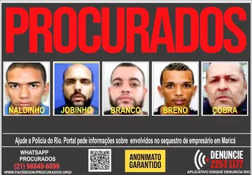 Disque Denúncia divulga cartaz dos cinco acusados de sequestrar empresário em Maricá 